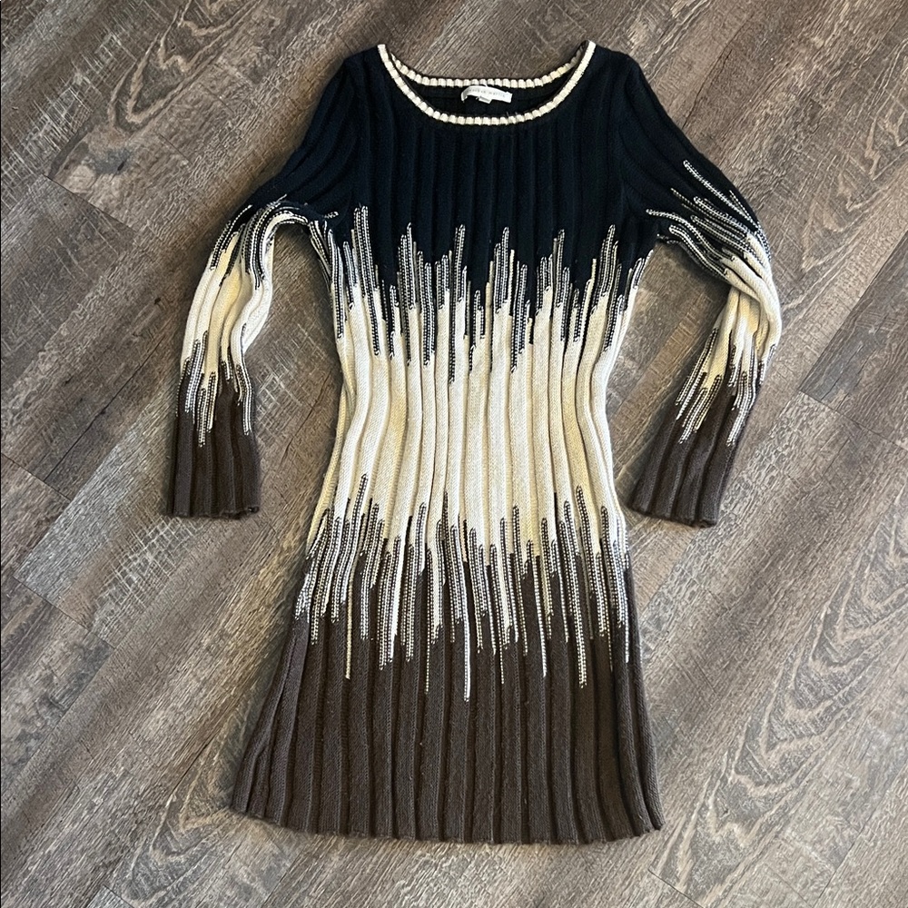 Ribbed Abstract Ombré Knit Dress - Black, Cream & Brown